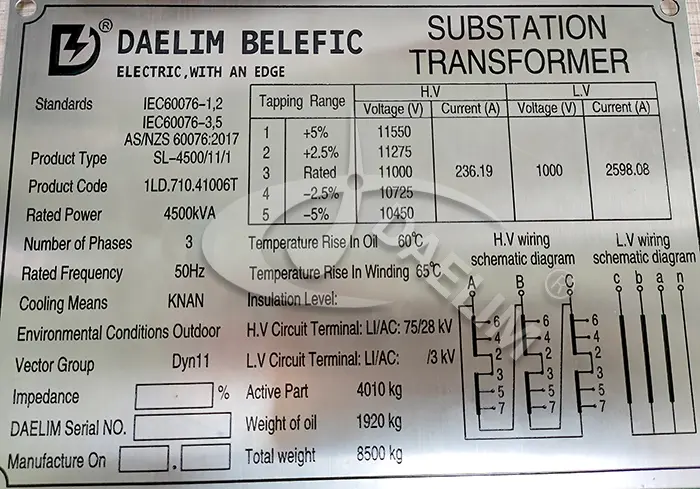 4500 kva substation transformer nameplate